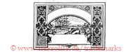 B (mit Mondsichel, Bogen mit Banner, Rahmen mit Blumen und floralen Mustern, Segelschiff am Kai/Pier/Hafen)